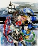  asymmetrical_wings grin houjuu_nue polearm red_eyes skirt smile snake solo thigh-highs thighhighs tiger touhou traditional_media trident tugumi0w0 watercolor_(medium) weapon wings wink 