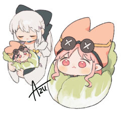  2girls artist_name azu_(kirara310) black_bow blue_eyes bow cabbage closed_eyes fate/grand_order fate_(series) habetrot_(fate) hair_between_eyes hair_bow long_hair morgan_le_fay_(fate) morgan_le_fay_(second_ascension)_(fate) multiple_girls pink_eyes pink_hair pointy_ears ponytail simple_background smile very_long_hair white_background white_hair 