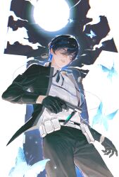  1boy 9868056167 absurdres belt belt_pouch black_gloves black_jacket black_pants black_ribbon blue_butterfly blue_eyes blue_hair bright_pupils bug butterfly chinese_commentary collared_shirt commentary_request cowboy_shot digital_media_player double-parted_bangs dress_shirt earphones evoker finger_on_trigger floating_jacket from_below full_moon gekkoukan_high_school_uniform gloves gun hair_between_eyes highres holding holding_gun holding_weapon jacket long_sleeves looking_at_viewer male_focus moon neck_ribbon open_clothes open_jacket pants parted_lips persona persona_3 pouch ribbon school_uniform shirt shirt_tucked_in short_hair solo weapon white_belt white_pupils white_shirt wing_collar yuuki_makoto_(persona_3) 