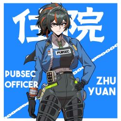  angry armband blue_background blue_jacket checkered_necktie hairband hand_on_own_hip handlebar high-waist_pants highres holding_handlebar holster jacket metal_hairband multicolored_hair necktie orange_eyes pants police police_badge police_uniform policewoman ponytail red_hair red_streaks shirt shoulder_holster standing streaked_hair tight_clothes tight_pants white_shirt zenicia_art zenless_zone_zero zhu_yuan 