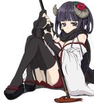  alternate_form black_hair bridal_gauntlets flower hair_flower hair_ornament horns inu_x_boku_ss japanese_clothes long_hair looking_at_viewer miko purple_eyes scarf shirakiin_ririchiyo simple_background sitting skirt solo staff thigh-highs thighhighs violet_eyes white_background wide_sleeves 