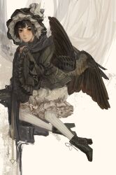  1other adapted_costume androgynous bird_wings black_boots black_hair black_hat black_shirt black_wings boots closed_mouth collared_shirt curtains detached_hood feathered_wings frilled_headwear frilled_shirt frilled_shorts frilled_sleeves frills full_body grey_eyes hat hatsburg high_heel_boots high_heels highres hood hood_down juliet_sleeves lace-up_boots len'en light_blush light_frown lips lolita_fashion long_sleeves looking_at_viewer mob_cap multiple_wings nostrils other_focus own_hands_together pantyhose puffy_shorts puffy_sleeves purple_hood shirt shitodo_kuroji short_hair shorts sitting sleeves_past_wrists solo striped_clothes triangular_headpiece vertical-striped_clothes white_background white_pantyhose white_shorts wide_sleeves wings yokozuwari 