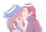  1girl bandana bandanna black_hair blush brown_hair closed_eyes couple eyes_closed fang forehead_kiss hand_on_another&#039;s_face hand_on_another's_face hat kiss odamaki_sapphire open_mouth pokemon pokemon_(game) pokemon_rse pokemon_special ruby_(pokemon) shirou_(vista) 