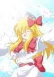  :d ^_^ blonde_hair bow bowtie capelet closed_eyes eyes_closed hair_bow hat lily_white long_hair open_mouth osashin_(osada) outstretched_arms petals shin_osada smile solo touhou 