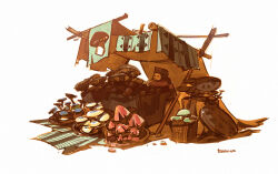  1girl :/ alternate_species basket ben_lo bored bucket canopy_(shelter) closed_eyes crossed_arms food_print food_stand hat market_stall mushroom mushroom_print on_barrel original painterly scenery sign simple_background slouching solo tent white_background 