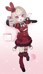  1girl :d back_bow black_bow black_gloves black_shoes black_sleeve_cuffs black_thighhighs blunt_bangs blush bob_cut bow bowtie buttons cellphone center_frills chocokoronya clothing_cutout collared_shirt colored_inner_hair dress elbow_gloves fangs fingerless_gloves flat_chest frilled_dress frills full_body glove_cutout gloves grey_hair hat hat_bow heart heart_button heart_cutout heart_o-ring highres holding holding_phone idol_clothes layered_dress leg_tattoo leg_warmers makaino_ririmu medium_hair mini_hat multicolored_hair nijisanji o-ring official_alternate_costume official_alternate_hairstyle phone pink_hair plaid_clothes plaid_dress plaid_sleeves platform_shoes puffy_short_sleeves puffy_sleeves rabbit_ear_headwear red_bow red_bowtie red_dress red_eyes red_leg_warmers red_sleeves selfie shirt shoes short_dress short_sleeves shoulder_strap skin_fangs smartphone smile solo standing streaked_hair tattoo thigh-highs underboob_cutout virtual_youtuber waving white_shirt window_(computing) winged_heart winged_heart_tattoo 