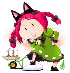  :&gt; animal_ears bell bow braid cat_ears dress hair_bow ichizen_(o_tori) kaenbyou_rin solo touhou wheelbarrow 