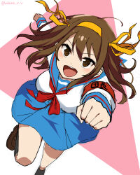  1girl :d absurdres akane_(akaneoekaki0928) armband black_socks blue_sailor_collar blue_skirt breasts brown_eyes brown_hair brown_shoes commentary feet_out_of_frame headband highres kneehighs long_hair long_sleeves looking_at_viewer medium_breasts miniskirt neckerchief one-hour_drawing_challenge open_mouth outstretched_arm pleated_skirt red_armband red_neckerchief running sailor_collar school_uniform serafuku shirt shoes skirt smile socks solo suzumiya_haruhi suzumiya_haruhi_no_yuuutsu teeth twitter_username upper_teeth_only white_shirt winter_uniform yellow_headband 
