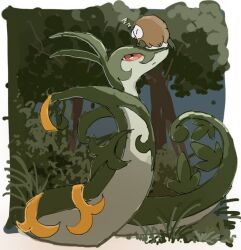  bird cc8nw42u15apug0 closed_eyes closed_mouth commentary_request grass looking_up no_humans outdoors owl pokemon pokemon_(creature) pokemon_focus red_eyes rowlet serperior sleeping snake tree zzz 