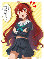  1girl absurdres ahoge akane_(akaneoekaki0928) alternate_costume aqua_neckerchief black_hairband black_serafuku black_shirt black_skirt border collarbone commentary copyright_notice cowboy_shot crossed_arms diagonal-striped_background eris_greyrat hairband highres long_hair long_sleeves looking_at_viewer midriff miniskirt mushoku_tensei navel neckerchief outside_border pleated_skirt red_hair sailor_collar school_uniform serafuku shirt skirt solo standing striped_background v-shaped_eyebrows very_long_hair white_border white_sailor_collar 