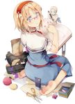  alice_margatroid barefoot bespectacled blonde_hair blue_eyes book boots box capelet doll dress evers feet glasses hairband half_rim_glasses lipstick makeup nail_polish open_book open_mouth over-rim_glasses paper sash scissors semi-rimless_glasses sewing_machine short_hair simple_background sitting solo thread toes touhou turning wariza white_background yarn 