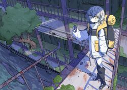  1girl absurdres backpack bag closed_mouth commission compass fish grey_hair highres holding holding_compass jacket long_sleeves medium_hair moss nickel_ni_plus original overgrown pale_skin railing rust solo standing tree water yellow_eyes 