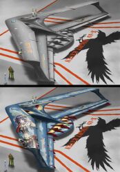  2boys 3girls \m/ abyssal_dision ace_combat ace_combat_3 aircraft airplane animal_print arm_up belt bilingual_commentary bird bird_print black_camisole black_skirt blonde_hair blue_hair brown_hair camisole canards character_name character_print choker commentary crow cynthia_bridgitte_fitzgerald dark_skin day elbow_gloves english_commentary english_text erich_jaeger fighter_jet fiona_chris_fitzgerald gloves green_hair grin hair_ornament hairclip highres hirose_rena holding holding_microphone itasha jihadangel keith_bryan looking_at_viewer microphone midriff military military_vehicle mixed-language_commentary multiple_boys multiple_girls navel on_airplane ouroboros_(ace_combat_3) outdoors pilot red_choker red_gloves runway science_fiction side_slit single_glove sitting skirt smile standing star_(symbol) star_hair_ornament vehicle_focus vehicle_name x-49_night_raven yellow_belt yellow_eyes 