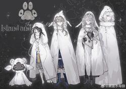  4girls absurdres animal_costume animal_hood ascot black_gloves black_hair blonde_hair blue_eyes boots braid cape capelet cloak closed_eyes fur-trimmed_cloak fur_trim gloves grey_hair hair_between_eyes head_wings heilanshuimuchu highres holding holding_instrument holding_lyre hood hood_up hooded_cloak instrument long_hair lyre multiple_girls original parted_bangs pointy_ears sheep sheep_costume sheep_hood smile white_ascot white_capelet white_cloak white_hair white_hood wings 