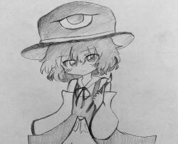  1other androgynous bare_shoulders calligraphy_brush closed_mouth coat coattails collared_shirt cowboy_shot detached_sleeves enraku_tsubakura expressionless eye_of_senri graphite_(medium) greyscale hair_between_eyes hakama hakama_skirt hat highres holding holding_calligraphy_brush holding_paintbrush japanese_clothes len&#039;en light_blush light_frown long_sleeves looking_at_viewer megusany10 monochrome neck_ribbon other_focus paintbrush photo_(medium) ribbon shirt short_hair skirt sleeveless sleeveless_coat sleeveless_shirt solo standing top_hat traditional_media wide_sleeves 