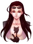  between_breasts black_cat black_hair blue_eyes breasts bust cat cleavage collarbone daimida female kitten large_breasts lips long_hair nico_robin one_piece simple_background solo sunglasses sunglasses_on_head 