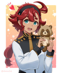  1girl :d akane_(akaneoekaki0928) asticassia_school_uniform blue_eyes border commentary flipped_bangs gradient_background gundam gundam_suisei_no_majo heart highres holding holding_stuffed_toy jacket long_hair long_sleeves looking_at_viewer low-tied_long_hair open_mouth outside_border pink_background red_hair school_uniform single_sidelock smile solo star_(symbol) star_symbol_background stuffed_raccoon stuffed_toy suletta_mercury thick_eyebrows twitter_username upper_body white_border white_jacket yellow_background 