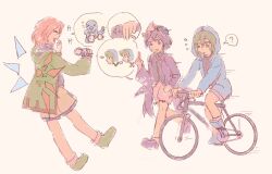  3others ? ^_^ annoyed asymmetrical_wings bare_legs bicycle bikini black_hat black_shirt blue_boots blue_jacket blue_wings boots brown_shorts camcorder camera closed_eyes coattails collared_shirt crystal_wings detached_wings floating flying_sweatdrops frilled_headwear frilled_shorts frills green_boots green_hair green_jacket grey_shorts hair_between_eyes hand_on_own_face happy hat high_collar highres holding holding_camera hood hood_down hood_up hooded_jacket jacket laughing len'en long_sleeves looking_at_another merry_765 mismatched_wings mob_cap motion_lines multiple_others nervous open_clothes open_jacket open_mouth pink_shorts pointing pointing_up pointy_nose purple_boots purple_hair purple_jacket red_hair red_wings riding riding_bicycle running shirt shitodo_aoji shitodo_hooaka shitodo_kuroji short_hair shorts siblings simple_background smile socks speech_bubble speed_lines spoken_character spoken_question_mark sweatdrop swimsuit teeth triangular_headpiece upper_teeth_only video_camera violet_eyes white_background white_socks wings 