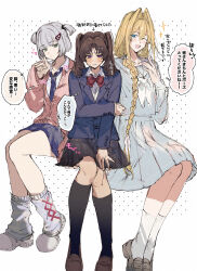  3boys absurdres ayase_ayato_(imamiya_pinoko) blonde_hair blue_eyes blush bob_cut bow braid brown_hair crossdressing crossdressing_(mtf) green_eyes hair_intakes highres hirakawa_mahiru_(imamiya_pinoko) imamiya_pinoko kakage_azusa_(imamiya_pinoko) kneehighs long_hair multiple_boys necktie one_eye_closed original school_uniform serafuku simple_background sitting socks translated trap twintails two_side_up violet_eyes white_hair 