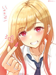  1girl akane_(akaneoekaki0928) black_necktie blonde_hair collarbone collared_shirt commentary_request dress_shirt finger_heart gradient_hair green_eyes highres jewelry kitagawa_marin looking_at_viewer multicolored_hair multiple_rings necktie pink_eyes pink_hair ring school_uniform shirt simple_background solo sono_bisque_doll_wa_koi_wo_suru translation_request twitter_logo twitter_username white_background white_shirt 