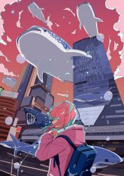  1girl air_bubble animal aqua_hair backpack bag bubble building city clouds highres hood hood_down jacket long_sleeves multicolored_hair nickel_ni_plus original outdoors oversized_animal pink_hair red_skirt road shark sharp_teeth skirt skyscraper teeth whale_shark 