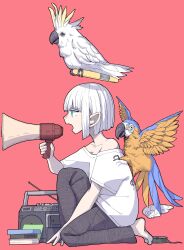  1girl absurdres animal_on_shoulder aqua_eyes barefoot bird bird_on_shoulder black_pants boombox cockatiel commentary_request detached_wings from_side halo highres holding holding_megaphone megaphone nickel_ni_plus original pants parrot pointy_ears profile red_background shirt short_hair short_sleeves simple_background sitting solo white_hair white_shirt wings 
