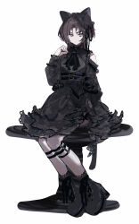  1boy absurdres animal_ears ayase_ayato_(imamiya_pinoko) black_hair cat_ears crossdressing crossdressing_(mtf) highres imamiya_pinoko lolita_fashion original platform_shoes sitting solo trap violet_eyes white_background 
