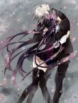  1girl black_legwear couple formal height_difference hug inu_x_boku_ss long_hair miketsukami_soushi purple_eyes purple_hair school_uniform shirakiin_ririchiyo short_hair suit thigh-highs thighhighs tibino violet_eyes white_hair 