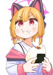  1girl :t absurdres animal_ear_headphones animal_ears blue_archive blush bow cat_ear_headphones closed_mouth coat eating fake_animal_ears food food_on_face hair_between_eyes hair_bow halo hashtag-only_commentary headphones highres holding holding_food long_sleeves momoi_(blue_archive) nickel_ni_plus off_shoulder onigiri orange_hair pink_bow red_eyes rice rice_on_face shirt short_hair simple_background solo upper_body white_background white_coat white_shirt 