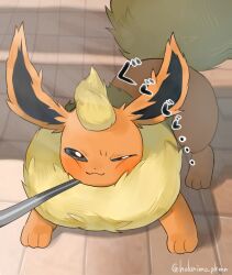  :3 animal_focus blue_eyes blush closed_mouth flareon highres hokaimo_pkmn leash looking_at_viewer neck_fur no_humans orange_fur pokemon pokemon_(creature) pokemon_focus solo squinting tail wooden_floor yellow_fur 
