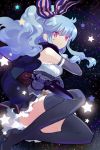  :&lt; ahoge artist_request bare_shoulders black_legwear blue_hair bow dagger detached_sleeves frilled_skirt hair_ribbon high_heels holding leg_up linus_falco long_hair lowres night pleated_skirt red_eyes ribbon shoes skirt solo star striped sword_girls thigh-highs thighhighs wavy_hair weapon 