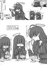  3girls antenna_hair bags_under_eyes bandaid bandaid_on_head beret blue_archive blunt_bangs blush cellphone commentary_request covered_eyes crossed_bandaids drink eating food gloves greyscale gun hair_over_eyes halo hat head_bump highres holding holding_gun holding_phone holding_spoon holding_weapon justice_task_force_(blue_archive) justice_task_force_member_(blue_archive) long_hair monochrome multiple_girls multiple_views nail_polish narration neckerchief nishino_hikoji phone pudding school_uniform serafuku smartphone smile spoon straight_hair taking_picture translation_request tsurugi_(blue_archive) undone_neckerchief very_long_hair weapon 