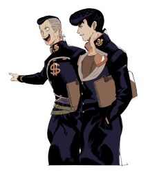  2boys anchor_symbol belt black_hair black_jacket black_pants brooch brown_shirt buttons collared_jacket crew_neck cropped_legs diamond_wa_kudakenai dollar_sign eye_contact green_belt grey_hair heart higashikata_josuke holding jacket jewelry jojo_no_kimyou_na_bouken long_sleeves looking_at_another male_focus multicolored_hair multiple_belts multiple_boys nijimura_okuyasu open_clothes open_collar open_jacket open_mouth outstretched_arm pants parted_lips pompadour popped_collar shirt short_hair short_sideburns smile striped_belt teeth thick_eyebrows tirauraja tongue two-tone_hair upper_teeth_only zipper 