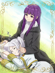  2girls akane_(akaneoekaki0928) black_cloak blunt_bangs cheek_poking cloak closed_mouth commentary dress dutch_angle elf fern_(sousou_no_frieren) frieren grass grey_hair half_updo highres hood hood_down hooded_cloak lap_pillow long_hair long_sidelocks long_sleeves multiple_girls on_grass on_ground pointy_ears poking purple_hair sidelocks sitting sleeping smile sousou_no_frieren split_mouth twintails violet_eyes white_dress zzz 