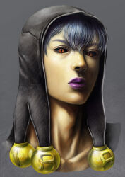  1boy absurdres bishounen black_hood black_sclera blue_hair collarbone colored_sclera commentary_request grey_background highres jojo_no_kimyou_na_bouken makeup male_focus parted_bangs portrait purple_lips red_eyes risotto_nero solo user_zwnh8824 vento_aureo 