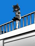  ascot blue_sky hakurei_reimu long_hair monochrome railing rooftop school_uniform serafuku skirt sky solo touhou ume_(noraneko) 