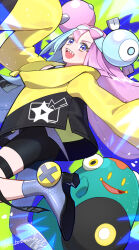 1girl ass bellibolt blue_hair botamochi_(exwelder) bow-shaped_hair character_hair_ornament colored_skin fake_hair_bun frog green_skin grey_pantyhose hair_ornament halter_shirt halterneck hexagon_print iono_(pokemon) jacket long_hair long_sleeves low-tied_long_hair magnemite multicolored_hair open_mouth oversized_clothes pantyhose pantyhose_under_shorts pink_hair pokemon pokemon_(creature) pokemon_sv sharp_teeth shorts single_leg_pantyhose sleeves_past_fingers sleeves_past_wrists smile solo split-color_hair teeth twintails upper_teeth_only very_long_sleeves x_(symbol) yellow_jacket