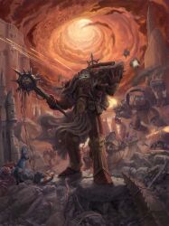  6+boys adeptus_astartes angry armor armored_boots asymmetrical_dual_wielding bald banner barbed_wire battle battle_standard belt_bag blood blood_on_ground blood_on_weapon blood_splatter blue_armor book boots breastplate chaos_(warhammer) chaos_space_marine chaos_undivided_(symbol) clawed_gauntlets claws cloak clouds cloudy_sky colored_skin corpse cracked_armor death demon destruction dual_wielding english_commentary engraved_armor explosion fire firing flamethrower full_armor full_body gauntlets greaves green_eyes grey_cloak gun halberd highres holding holding_book holding_flamethrower holding_gun holding_mace holding_polearm holding_weapon hood hooded_cloak illuminarum jeff_porter lightning_bolt_symbol lorgar_aurelian lying mace male_focus multiple_boys muzzle_flash no_headwear omega_symbol on_back on_rock on_stomach open_book open_mouth ornate_armor outdoors pauldrons pelvic_curtain plume polearm possessed power_armor primarch projectile_trail pteruges purity_seal red_armor red_skin red_sky robe ruins rune_tattoo science_fiction shoulder_armor skull_ornament sky smoke space_marine spiked_mace spikes swirl titan_(warhammer_40k) torn_cloak torn_clothes tower tube ultramarines vambraces war war_banner warhammer_40k weapon word_bearers 