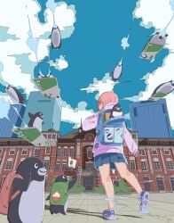 1girl absurdres animal backpack bag bird blue_sky building clouds commentary day english_commentary flag green_eyes highres hood hooded_jacket hoverboard jacket japanese_flag long_sleeves nickel_ni_plus original outdoors penguin pink_hair pink_jacket pleated_skirt shoes skirt sky 