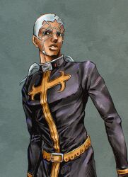  absurdres araki_hirohiko_(style) belt black_eyes black_robe brown_belt buzz_cut cassock colored_eyelashes commentary_request cross cross_print dark-skinned_male dark_skin enrico_pucci facial_hair high_collar highres jojo_no_kimyou_na_bouken kaib0y long_sleeves male_focus parted_lips robe short_hair solo stone_ocean teeth traditional_media very_short_hair white_eyelashes white_hair 