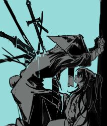  1boy 1other aged_down black_hair blue_eyes chinese_clothes conical_hat grey_scarf greyscale_with_colored_background hand_wraps hanfu hat heishou_pack-mao_branch_(identity)_(project_moon) high_ponytail highres hong_lu_(project_moon) impaled keisotu_kuruu limbus_company long_hair looking_at_another multiple_weapons ponytail project_moon rabbit_tail rice_hat scarf short_hair simple_background sitting tail upper_body 