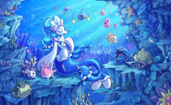  absurdres air_bubble artist_name bubble chinchou clamperl closed_eyes coral corsola el7art english_commentary highres horsea luvdisc music no_humans pokemon pokemon_(creature) popplio primarina psyduck qwilfish seaweed shellder singing skrelp starfish starmie staryu sunlight swimming underwater 
