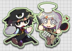  2others androgynous ascot black_eyes black_hair black_headscarf black_pants black_shirt black_skirt black_vest blue_shirt blush_stickers book_of_the_cafe bright_pupils brown_ascot brown_shoes brown_vest chibi coattails collared_shirt colored_eyelashes dress_shoes enraku_tsubakura enraku_tsubakura_(waiter_form) expressionless eye_of_senri eyes_visible_through_hair frown frying_pan green_outline green_pantyhose grey_eyes grey_hair grid_background hair_between_eyes happy hat headscarf heart highres holding holding_frying_pan holding_knife holding_plate houlen_yabusame houlen_yabusame_(chef_form) jitome knife len&#039;en long_sleeves messy_hair mini_chef_hat miniskirt multiple_others neck_ribbon official_alternate_costume open_mouth other_focus outline outstretched_hand pants pantyhose plate polka_dot_outline puffy_long_sleeves puffy_short_sleeves puffy_sleeves red_ribbon renkonn_umum ribbon roller_skates shadow shirt shoes short_hair_with_long_locks short_sleeves sidelocks sitting skates skirt smile striped_clothes striped_pantyhose tareme two-tone_pantyhose vest white_background white_hat white_pantyhose white_pupils 