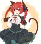  adapted_costume animal_ears braid cat_ears cat_tail haikichi heart heart_hands kaenbyou_rin open_mouth red_eyes red_hair redhead solo tail touhou twin_braids 