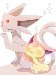  animal_focus blush cat closed_eyes closed_mouth espeon forehead_jewel forked_tail gem grooming highres hp7car7nxrq5s7q musical_note no_humans pink_fur pokemon pokemon_(creature) pokemon_focus purple_fur red_gemstone simple_background skitty smile star_(symbol) tail tongue tongue_out 