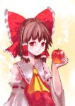  apple bare_shoulders bow brown_hair detached_sleeves food fruit hair_bow hair_tubes hakurei_reimu hal360 holding holding_fruit miko red_eyes solo touhou 