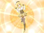  blonde_hair blush boots bow breasts color_connection double_v drill_hair elbow_gloves fingerless_gloves gloves hat leg_lift mahou_shoujo_madoka_magica parody pose precure puffy_sleeves shamojiofvatican skirt smile smile_precure! solo thigh-highs thighhighs tomoe_mami twin_drills v vertical_stripes yellow_background yellow_eyes 