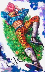  1boy 1girl abs animal_print argyle_clothes argyle_sweater bare_shoulders belt blue_belt blue_sweater boots clouds crop_top dark-skinned_male dark_skin english_text flower from_above full_body grass grey_boots guido_mista hat highres jojo_no_kimyou_na_bouken long_sleeves lying midriff musasabi05 muscular muscular_male on_back on_grass orange_pants pants pink_hair red_hat short_hair sweater trish_una turtleneck turtleneck_sweater vento_aureo zebra_print 
