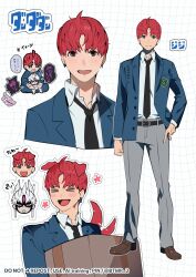  &gt;_&lt; 2boys animal_ears belt belt_buckle black_necktie blue_jacket blush brown_eyes brown_shoes btmr_game buckle character_name checkered_background chibi chibi_inset collared_shirt commentary copyright_name dandadan dog_ears dog_tail dual_persona earrings enjoji_jin evil_eye_(dandadan) full_body grey_pants highres jacket jewelry long_sleeves male_focus motion_lines multiple_boys necktie open_clothes open_jacket open_mouth pants red_hair school_uniform shirt shoes short_hair sitting smile speech_bubble tail translation_request upper_body white_shirt 