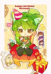  2boys 2girls animal_ears animal_feet border box brown_eyes brown_hair cat_boy cat_ears chibi coat collared_shirt enkephalin_(project_moon) folded_ponytail full_body gift gift_box green_coat green_hair hagan_tw highres hod_(project_moon) library_of_ruina long_hair long_sleeves looking_at_another looking_at_viewer male_focus malkuth_(project_moon) multiple_boys multiple_girls netzach_(project_moon) project_moon purple_hair ribbon shirt simple_background sitting solo_focus white_border white_shirt yellow_background yellow_eyes yellow_ribbon yesod_(project_moon) 